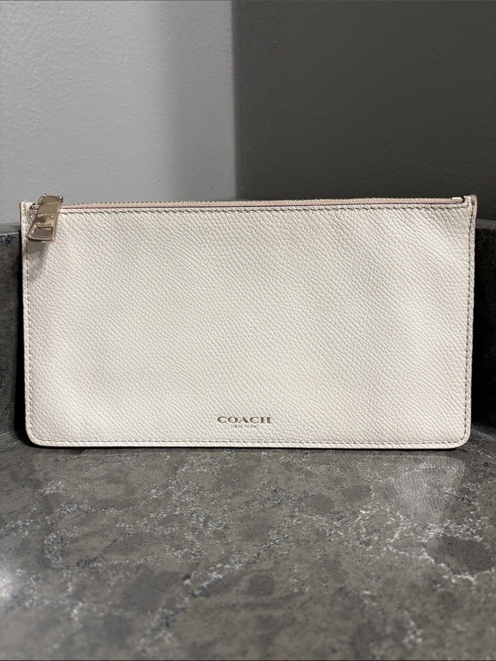 Coach Ivory Crossgrain Leather Zip Pouch Clutch - Gold Hardware